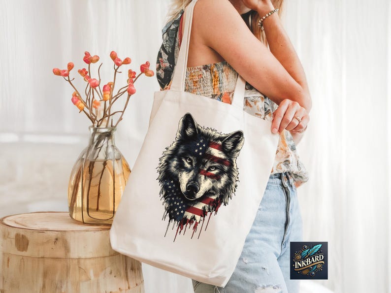 a woman holding a white bag with a wolf on it