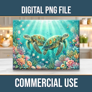 Sea Turtle Topical Ocean Art PNG Sublimation Digital Download Glass Cutting Board Kitchen Decor
