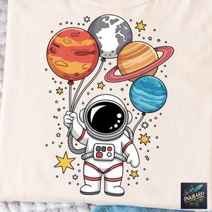 Fun Cute Astronaut Holding Planet Balloons | Boys Kids Toddler | PNG Sublimation Shirt Design Tshirt Instant Digital Download Only