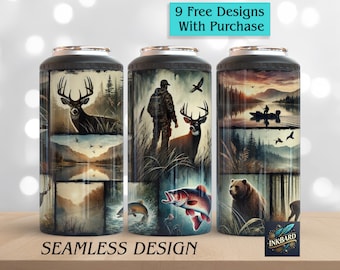 4 in 1 Can Cooler Wrap | Mens - Male Hunting, Seamless, 16oz, DIGITAL ONLY, Sublimation PNG, 4in1 Instant Download Tumbler, Gift for Men Dad