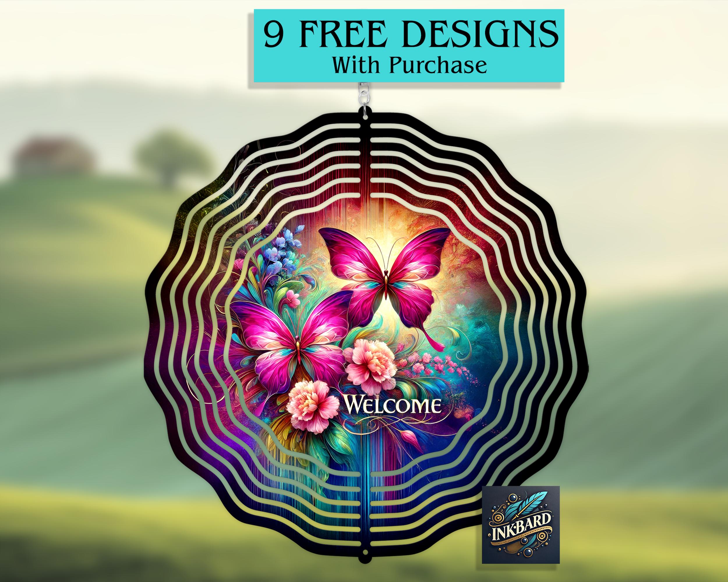 Welcome Sign Butterfly Garden Floral Wind Spinner Sublimation Digital Design Only, Instant Download PNG, Door Hanger Mandala