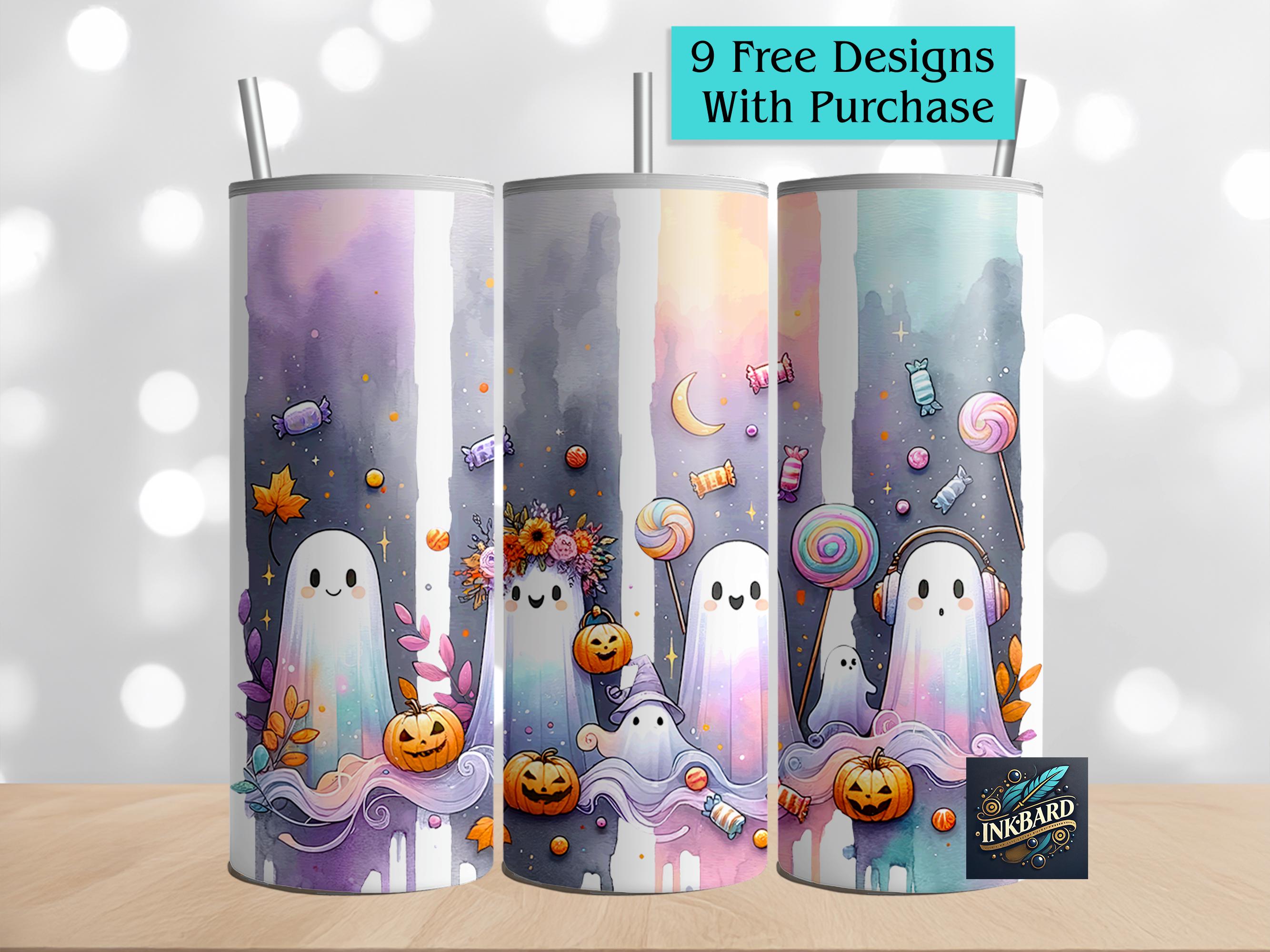 Süße Pastell Geister Candy Halloween Nahtlose 20 Unzen Skinny Tumbler Wrap Sublimation Design Download PNG Instant Digital Nur