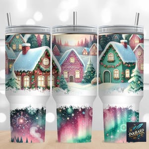 Pastel Christmas Village Winter Gingerbread 40oz Wrap PNG - Sublimation Designs Downloads - Tumbler with Handle