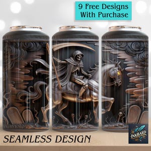 May include: Three cylindrical tumblers with a seamless design featuring the Grim Reaper on horseback, gravestones, and skulls. The tumblers are dark gray with bronze accents. The text "9 Free Designs With Purchase" is at the top, and "SEAMLESS DESIGN" is at the bottom.