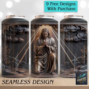 Op de afbeelding: Drie zwart-gouden bekers met een religieus thema. De middelste beker toont een knielende figuur met gevouwen handen, omringd door lichtstralen. De woorden "Seamless Design" staan onderaan en "9 Free Designs With Purchase" bovenaan.