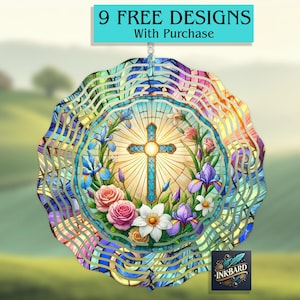 Stained Glass Floral Cross Christian He Is Risen Jesus Easter Wind Spinner Sublimation Digital Design Instant Download ONLY PNG Door Hanger