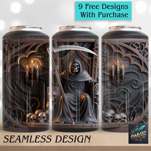 May include: Three cylindrical tumblers with a seamless design featuring a grim reaper seated on a throne, holding a scythe. The design includes skulls, candles, and gothic architectural elements. The text "SEAMLESS DESIGN" is at the bottom.