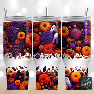 Halloween Spooky Fall Floral Ghosts Pumpkins Yall 40oz Wrap PNG - Sublimation Designs Downloads - Tumbler with Handle