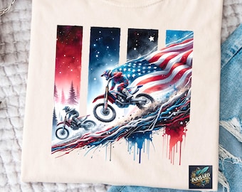 Patriotisk Motocross Motorcykel Dirt Bike Offroad Trendig Akvarell Sublimering Skjorta Design T-shirt PNG Omedelbar Digital Nedladdning Endast