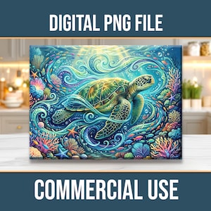 Può includere: File PNG digitale con una vivace scena sottomarina con una tartaruga marina che nuota tra coralli, pesci e stelle marine colorate. L'opera d'arte è prevalentemente blu, verde e giallo, con il testo "DIGITAL PNG FILE" e "COMMERCIAL USE".