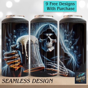 May include: Three stainless steel tumblers with a black and white graphic design of a skeleton holding a beer mug. The design features a skull with a hooded cloak and a background of skulls and ghosts. The tumblers are labeled "Seamless Design".