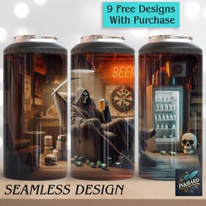 May include: Three stainless steel tumblers with a black lid and a design featuring a skeleton holding a beer in a bar setting. The design includes a dartboard, a neon sign that says "Beer", and a refrigerator with cans of beer. The tumblers are labeled "Inkbeard".