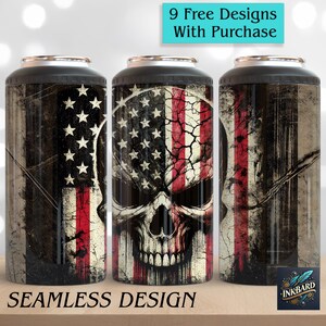 May include: Three stainless steel tumblers with a skull and American flag design. The tumblers are black with a red, white, and blue design. The text "9 Free Designs With Purchase" and "Seamless Design" are visible.