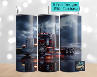 May include: A black semi-truck with red lights drives down a dark, wet road. The truck is reflected in the puddles on the road. The image is on a tumbler.