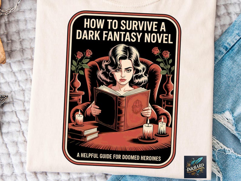 The image is a graphic design featuring a woman reading a book, surrounded by various objects such as candles, vases, and a potted plant, all set against a dark background.