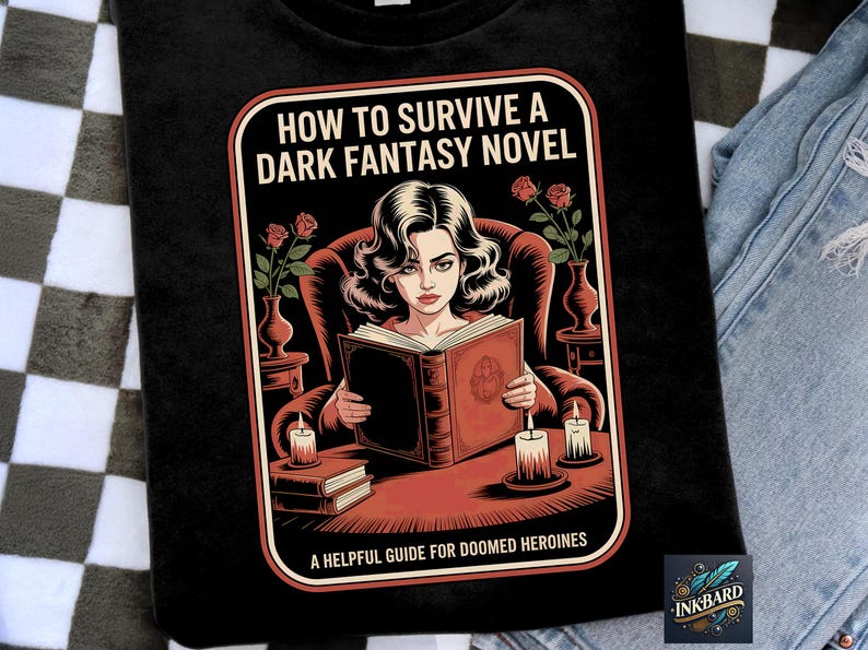 The image is a graphic t-shirt design featuring a woman reading a book, surrounded by various objects such as candles, flowers, and a vase.