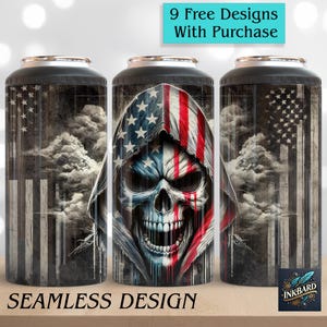 May include: Three stainless steel tumblers with a skull design and an American flag pattern. The skull is wearing a hooded American flag. The text "9 Free Designs With Purchase" and "Seamless Design" are visible.