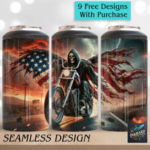 May include: Three stainless steel tumblers with a seamless design featuring a skull riding a motorcycle with an American flag in the background. The tumblers are 20 oz. and have a black finish.