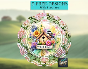 Birdhouse Welcome Sign Floral Bird Garden Wind Spinner Sublimation Digital Design Only, Instant Download PNG, Door Hanger Mandala