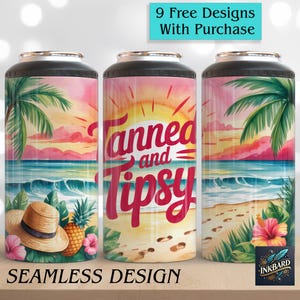Tanned and Tipsy Beach Summer Ocean Vibes Life 4 in 1 Can Cooler Wrap Seamless 16oz Digital Only Sublimation PNG 4in1 Instant Download