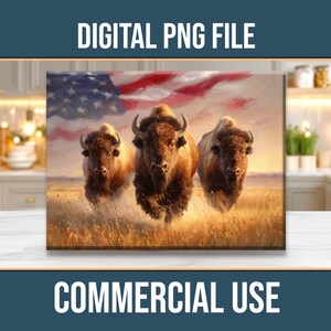 Può includere: File PNG digitale con un dipinto di tre bisonti che corrono attraverso un campo, con una bandiera americana sullo sfondo. L'immagine è etichettata "DIGITAL PNG FILE" e "COMMERCIAL USE".