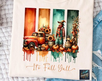 May include: A vintage red truck with a scarecrow, pumpkins, and fall foliage in a watercolor style with the text "It's Fall Y'all".