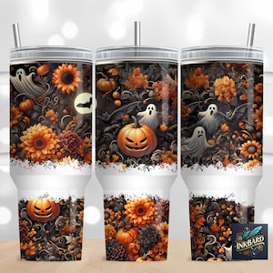 Cute Halloween Ghost Jack O Lantern Pumpkin Bat Fall Autumn Floral 40oz Wrap PNG - Sublimation Designs Downloads - Tumbler with Handle