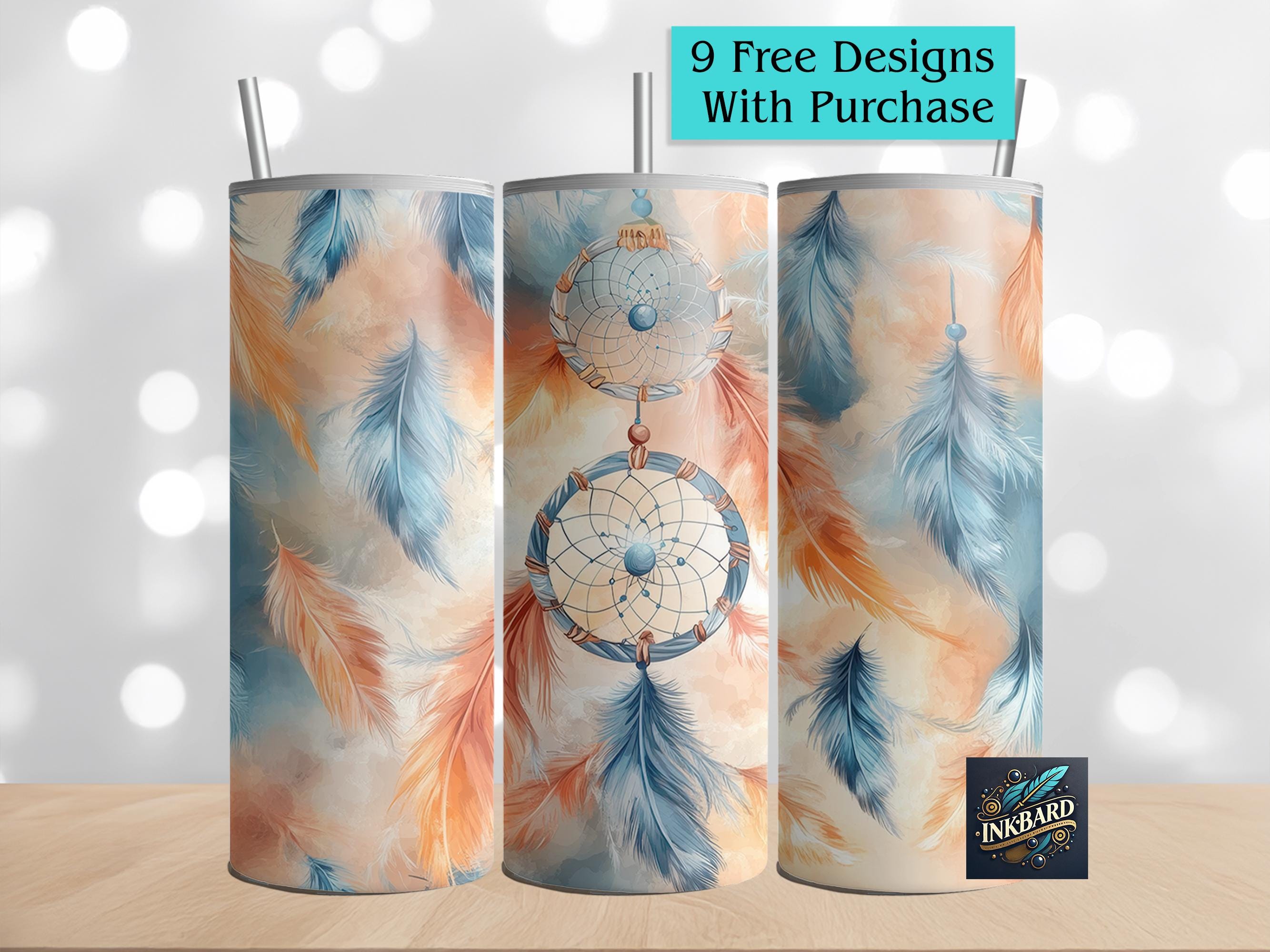 Boho Feather Pastel Dreamcatcher Seamless 20 oz Skinny Tumbler Wrap Sublimation Design Download PNG Instant DIGITAL ONLY