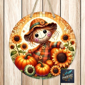 Cute Scarecrow Pumpkin Sunflowers Fall Halloween Sublimation Round Sign Door Hanger Clipart Digital Download Wall Art Cutting Board PNG