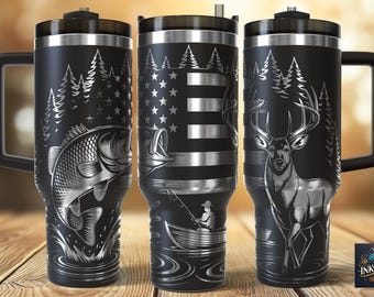 May include: Three black insulated tumblers with silver etched designs. One features a fish, another the American flag with a fisherman, and the third a deer. Each has a black handle and lid, perfect for outdoor enthusiasts.
