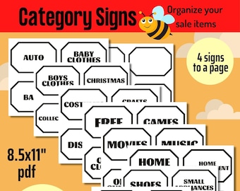 Printable category signs to help you organize your yard sale, garage sale, moving sale, estate sale, rummage sale, or tag sale.