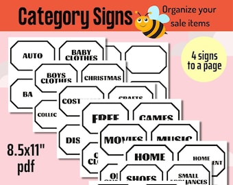 Printable category signs to help you organize your yard sale, garage sale, moving sale, estate sale, rummage sale, or tag sale.
