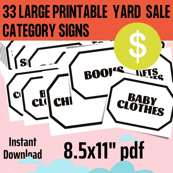 Printable category signs to help you organize your yard sale, garage sale, moving sale, estate sale, rummage sale, or tag sale.