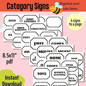 Printable category signs to help you organize your yard sale, garage sale, moving sale, estate sale, rummage sale, or tag sale.