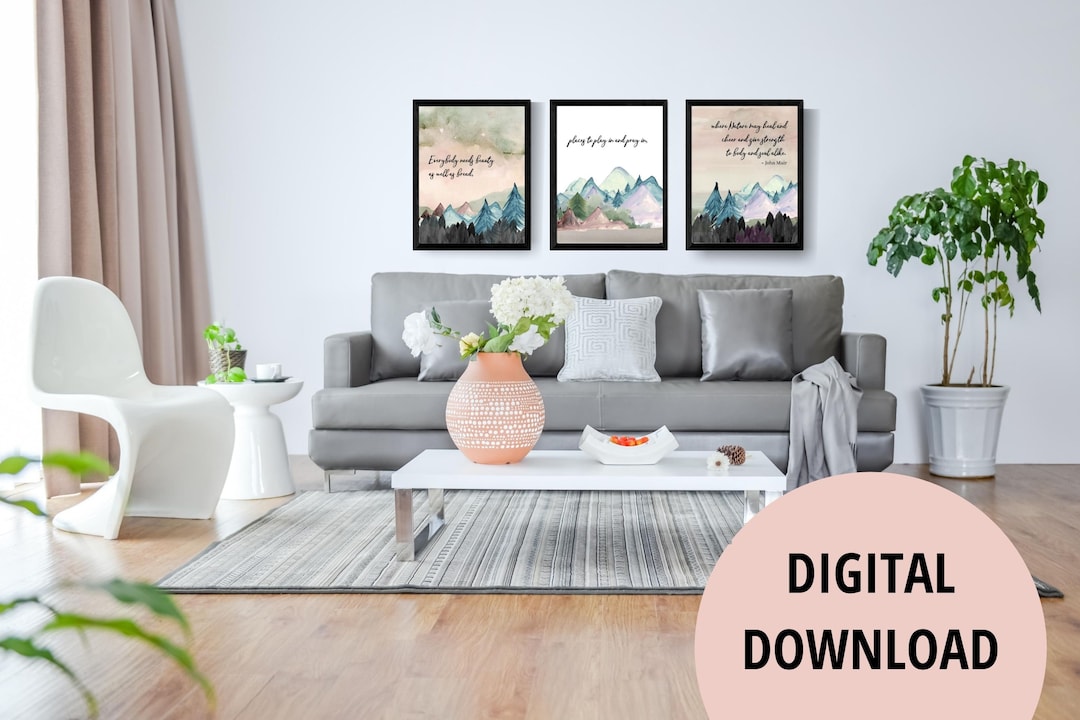 Set of 3 Watercolor Mountain Scenes Wall Art With John Muir Quote ...