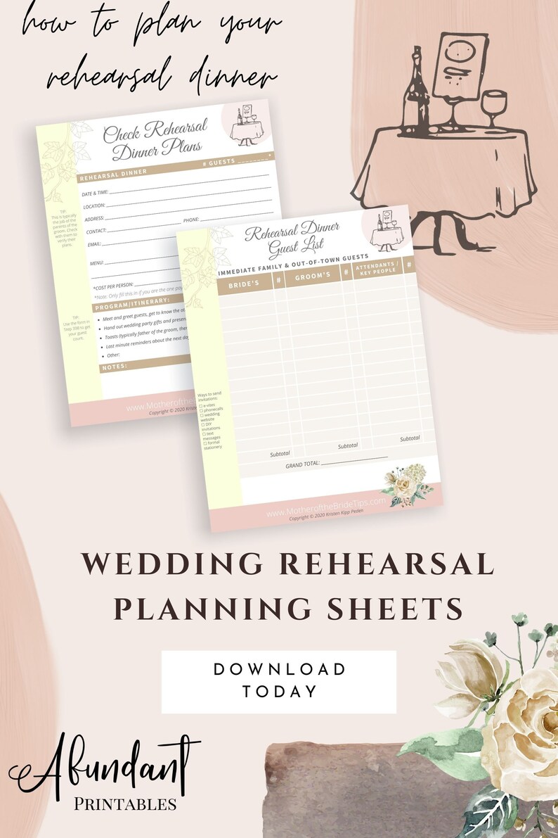 Rehearsal Dinner Planning Worksheets / Checklists / Pages for - Etsy