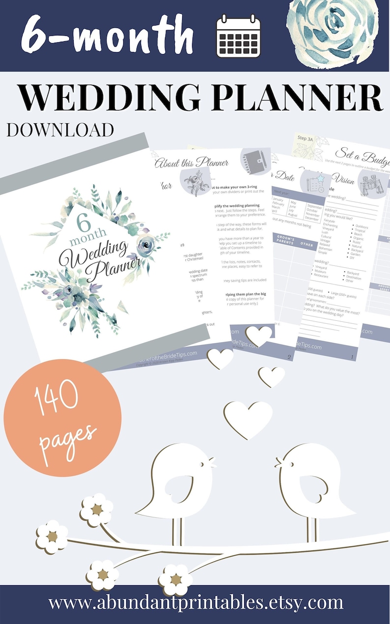 6-month Printable Wedding Planner Blue Theme PDF Download With Wedding ...