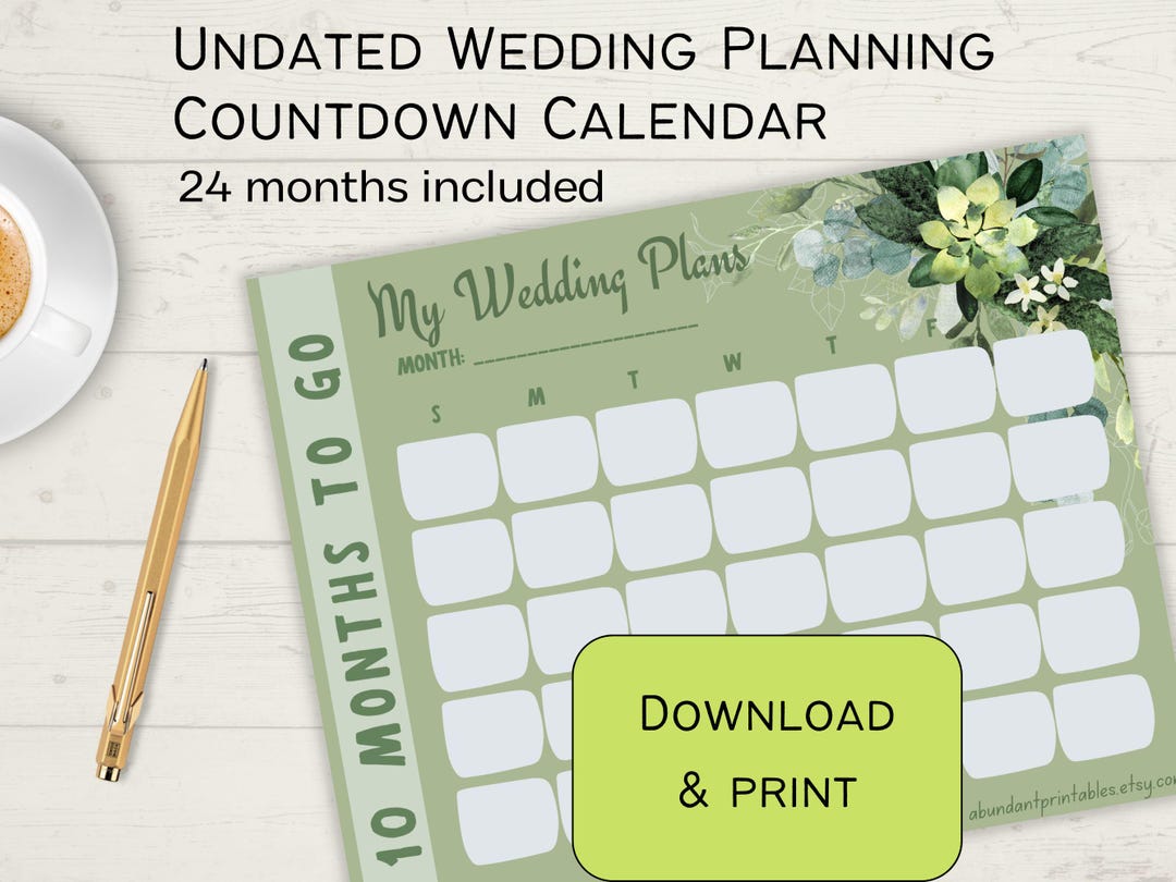 Printable Wedding Countdown Calendar: Green Bride Planner (PDF Download ...