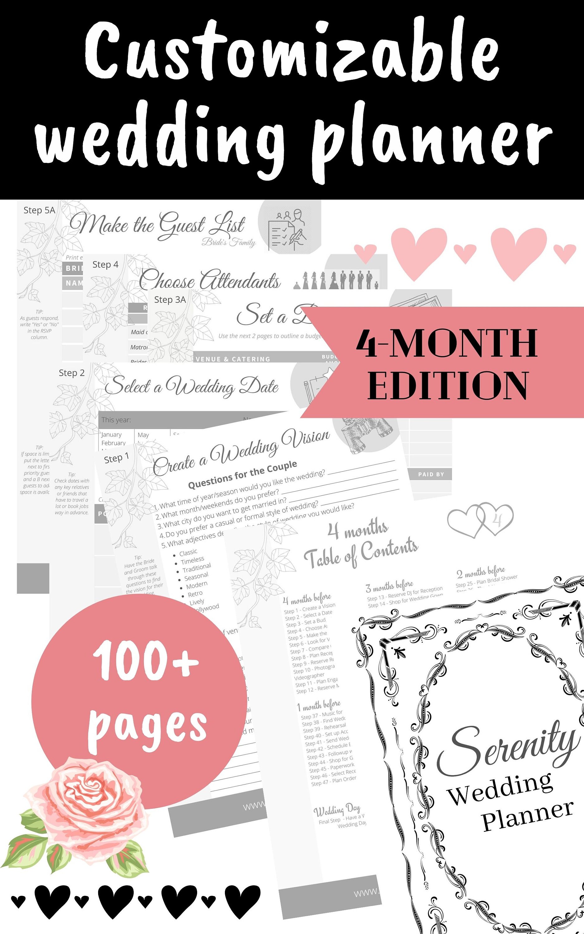 4-month Wedding Planner Printable Vintage Theme - Black and White PDF ...