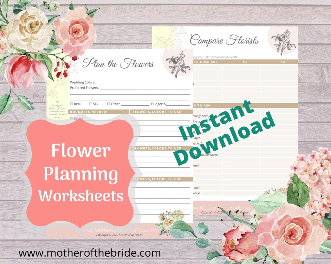Wedding Flower Planning Worksheets/ Checklists for Wedding Planner