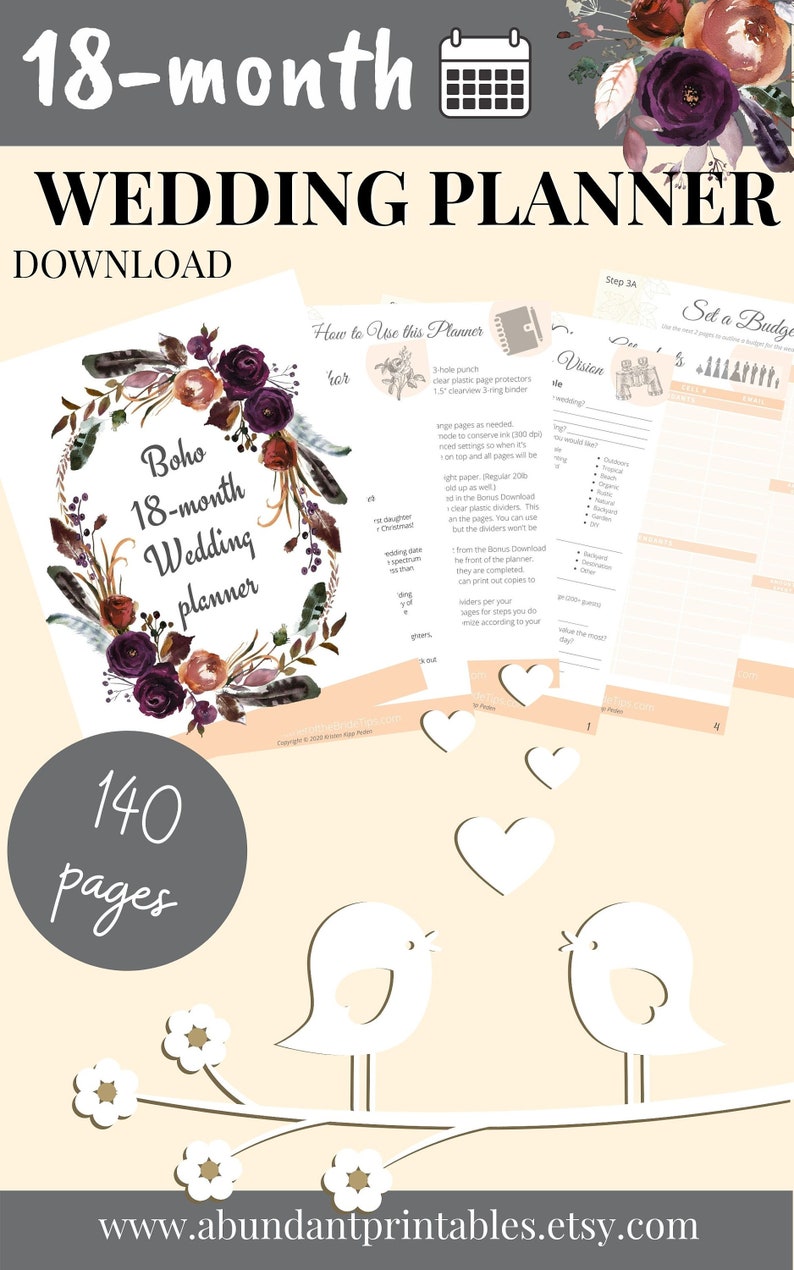 18month Printable Wedding Planner Boho Theme PDF Download Etsy