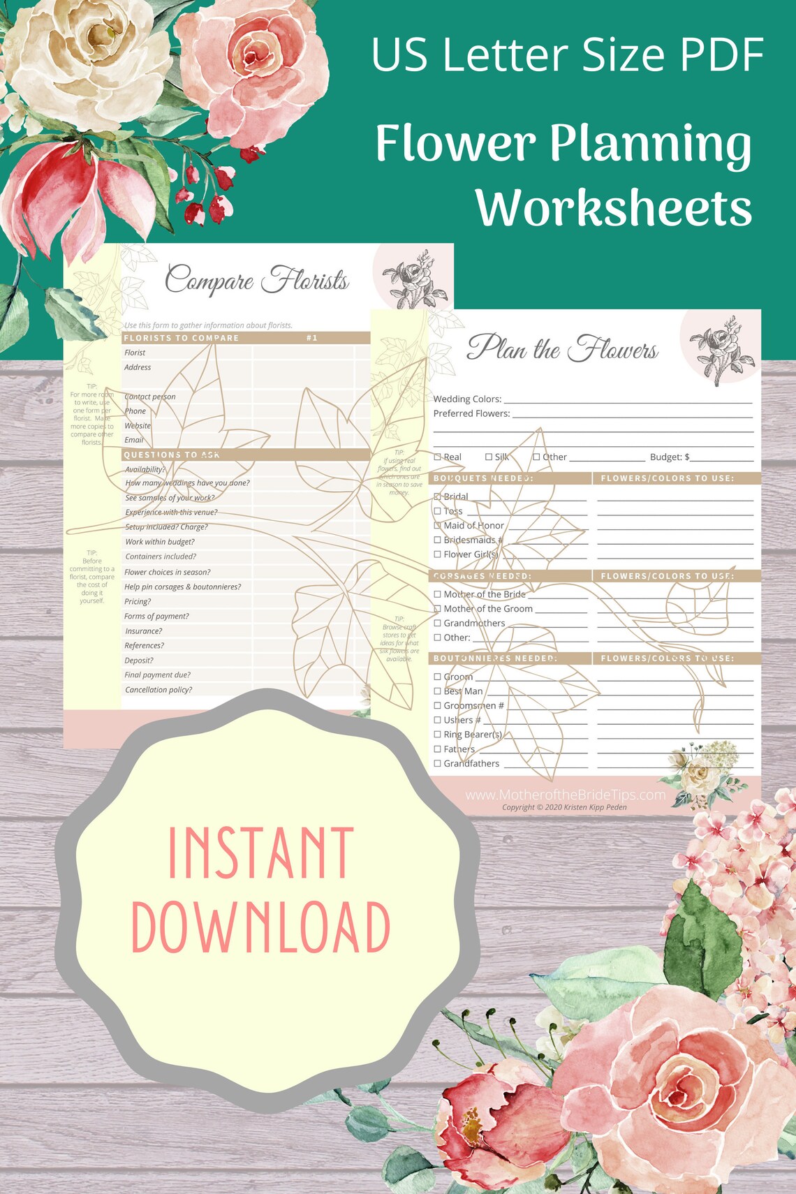 Wedding Flower Planning Worksheets/ Checklists for Wedding Planner
