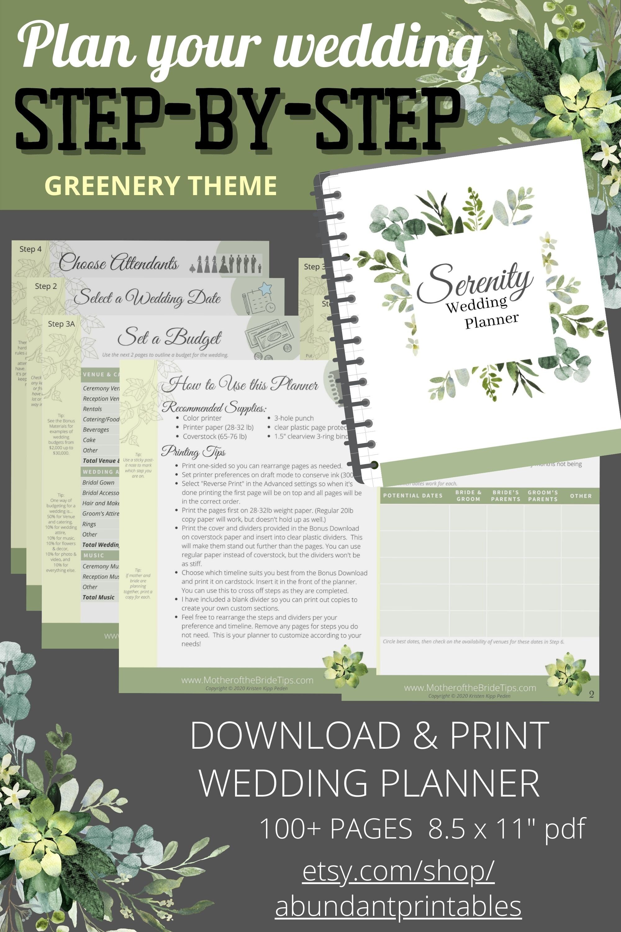 Step-by-step Printable Wedding Planner PDF Download - Greenery Theme ...