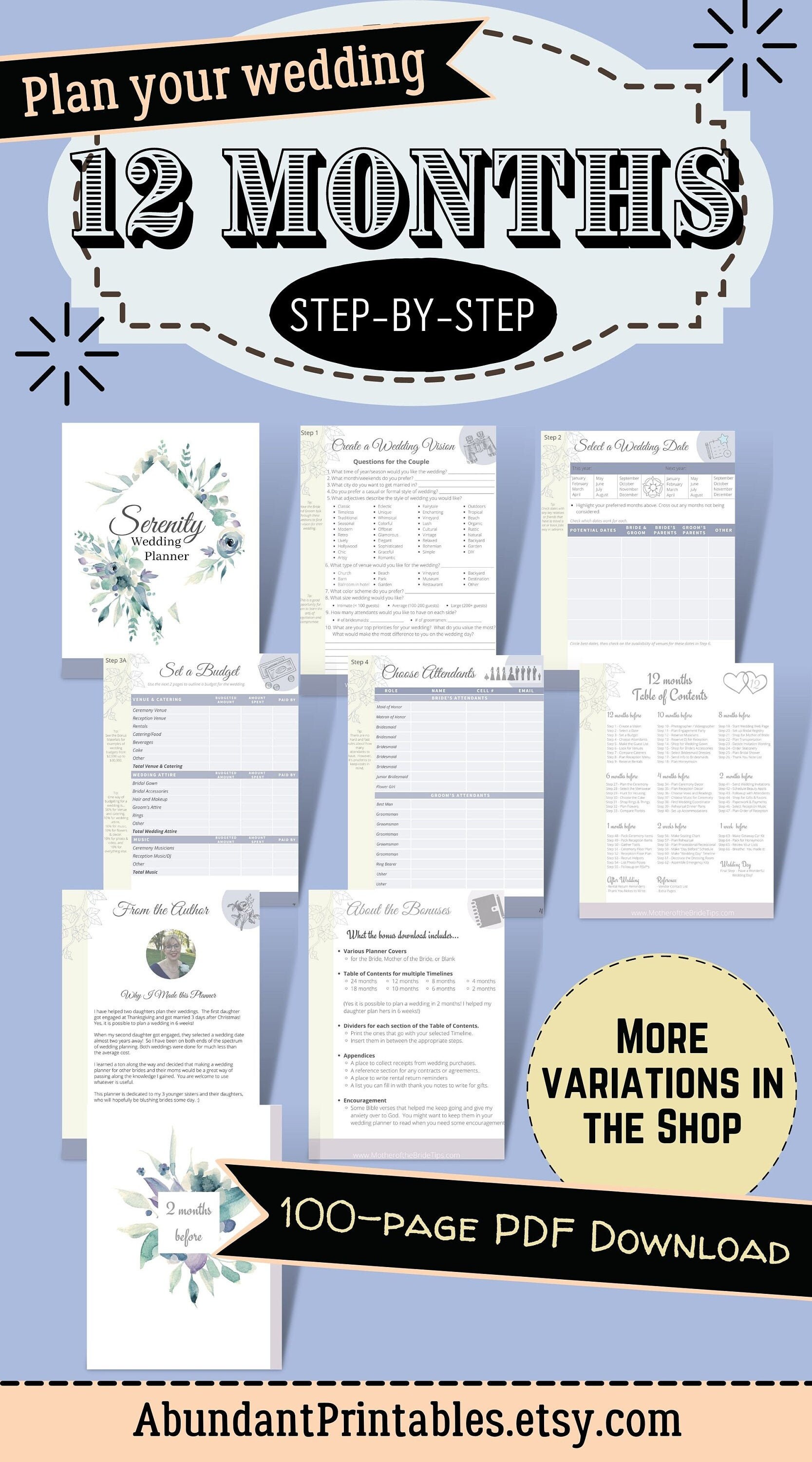 12-month Printable Wedding Planner Blue Theme PDF Download With Wedding Timeline for Your Binder ...