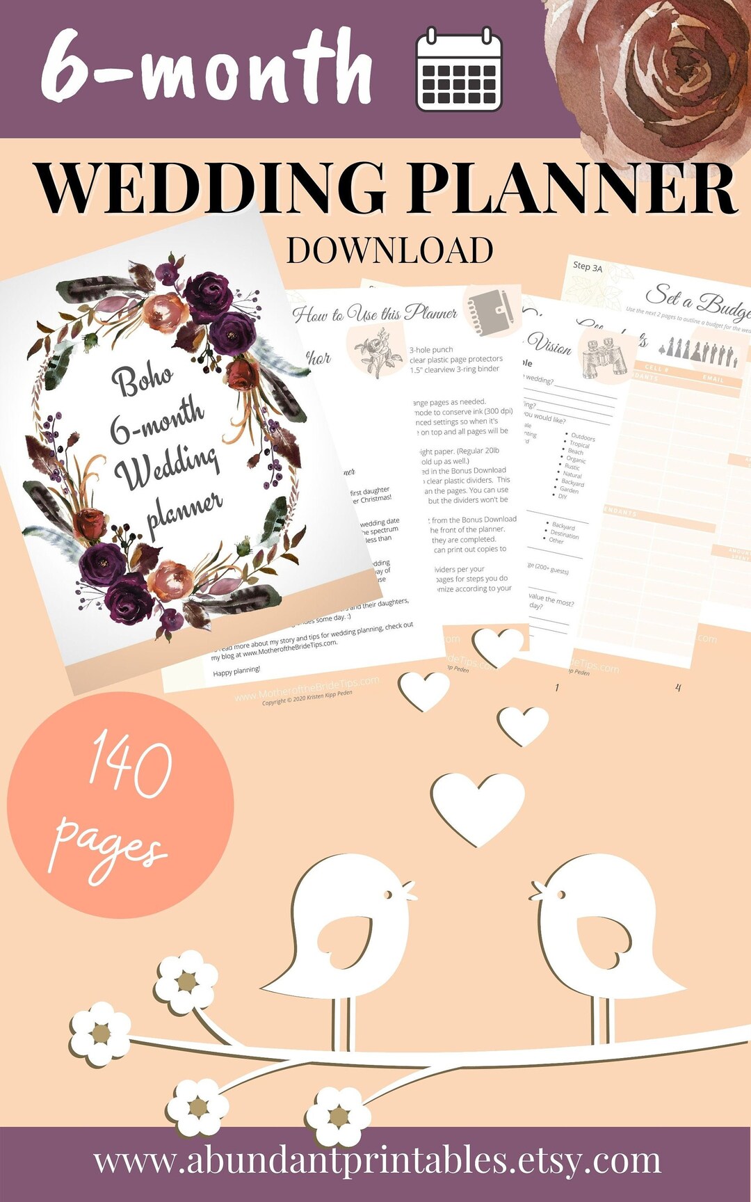 6-month Printable Wedding Planner - Boho Theme -PDF Download With ...