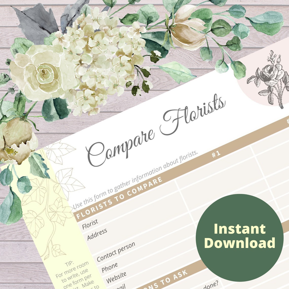 Wedding Flower Planning Worksheets/ Checklists for Wedding Planner