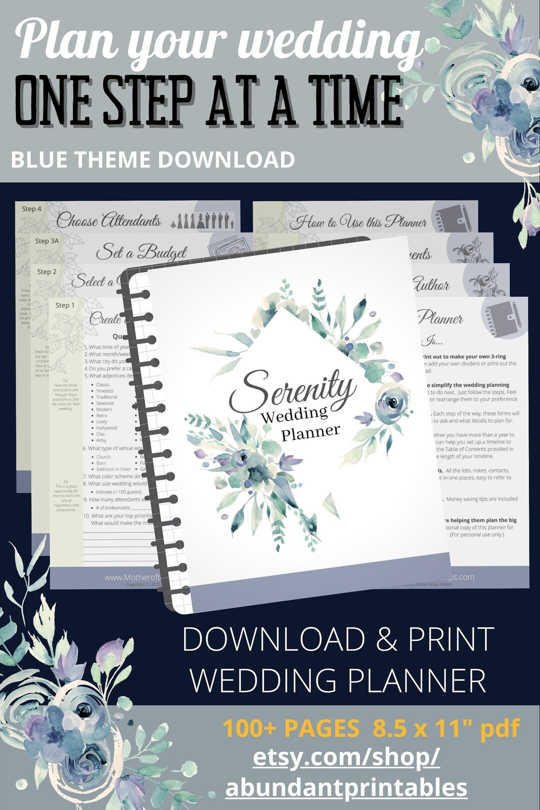 DIY Printable Wedding Planner PDF Download - Dusty Blue Theme / Navy ...