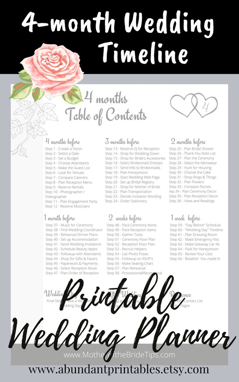 4-month Wedding Planner Printable Vintage Theme - Black and White PDF ...