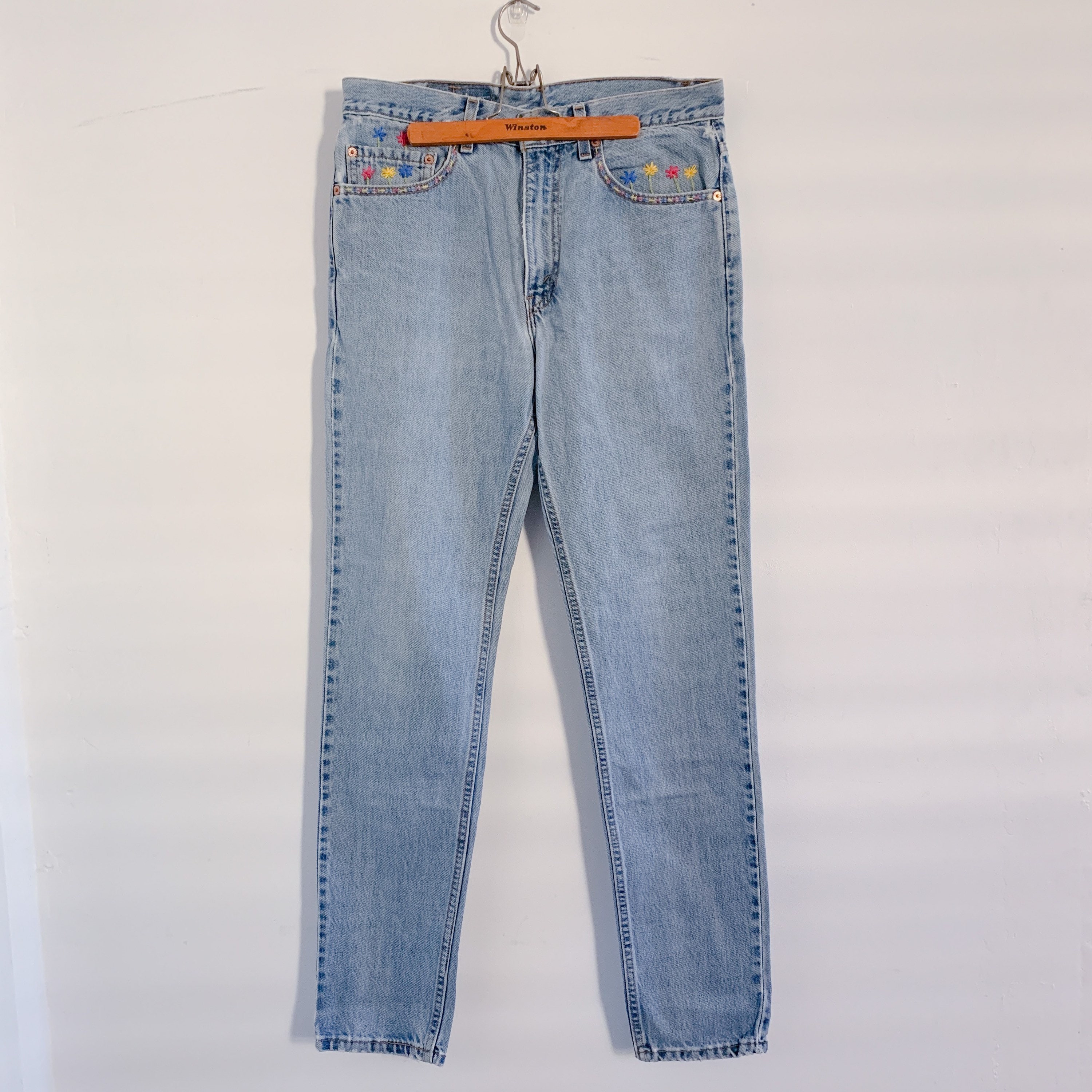 Unique Garden Flowers Hand Embroidered Levis 512 Denim Jeans Etsy