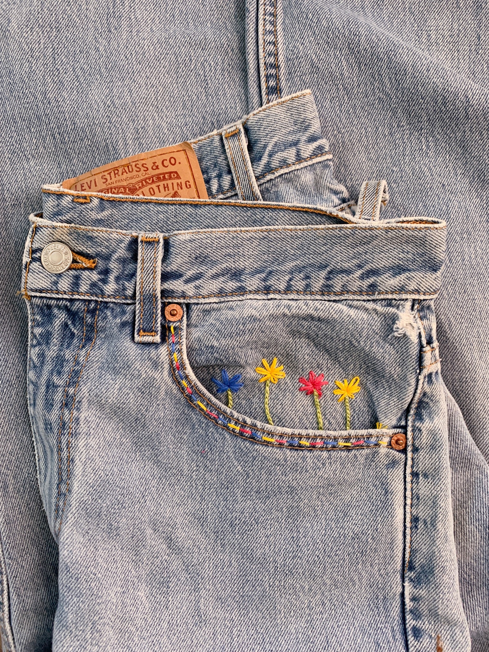 Unique Garden Flowers Hand Embroidered Levis 512 Denim Jeans | Etsy